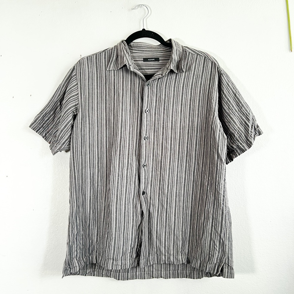 Linen Blend Shirt Men's Medium Gray Striped Short Sleeve Vacation Beach‎ Resort